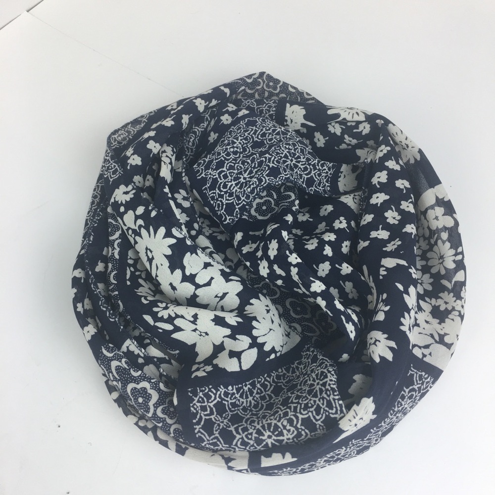 Blue White Ditzy Floral Scarf Semi Sheer Silky Patchwork Hair Wrap Sash 10x37”